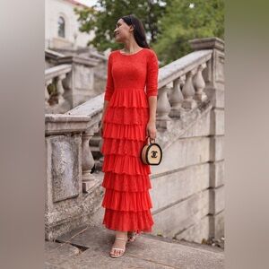 Dainty Jewells Coral Tiered Lace & Chiffon Maxi Dress